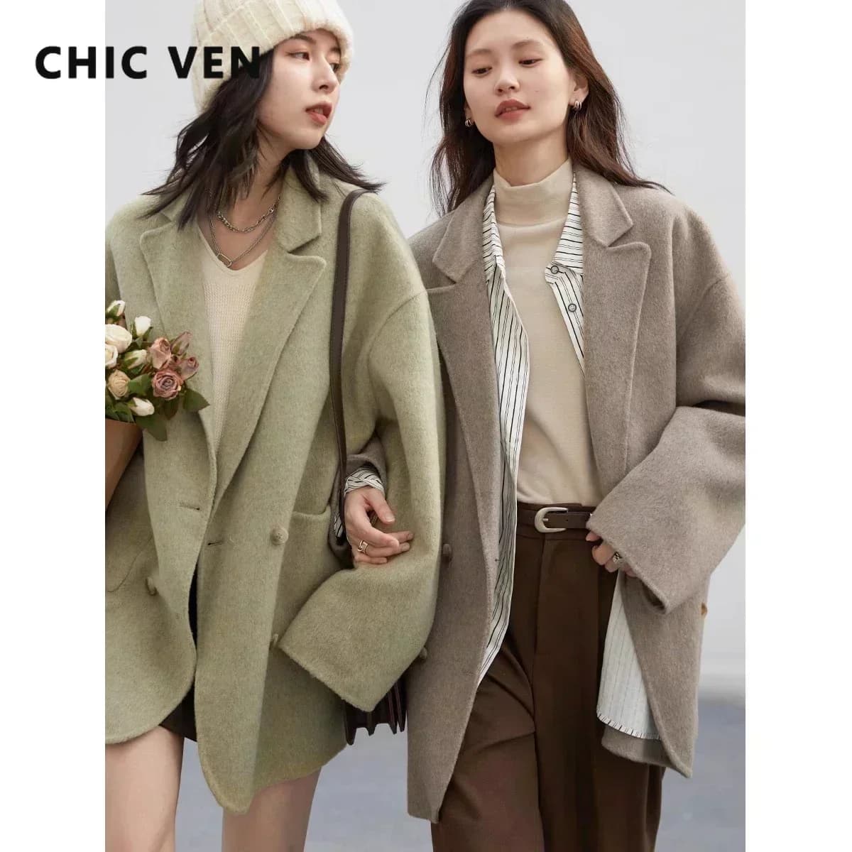 CHIC VEN Women's Woolen Coats Loose Casual Double Breasted Retro Double-sided Jacket Office Lady Outerwear Autumn Winter 2026