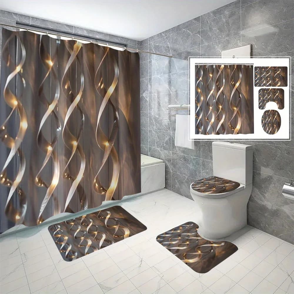 Set essenziali per il bagno da 4 pezzi: elegante tenda da doccia curva con ganci, tappetino da bagno antiscivolo, sedile WC e WC a forma di U