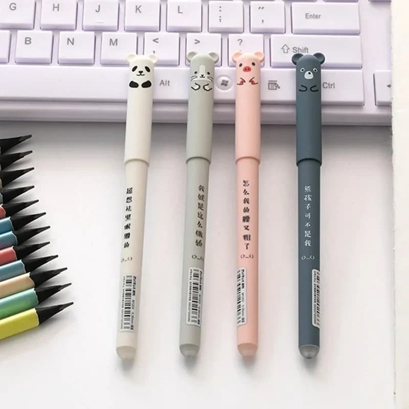 4 Pezzi Penne Cancellabili a Tema Animale (Gatto, Orso, Panda) per Scuola e Ufficio, Punta da 0,38 mm, Articoli di Cancelleria Giapponese