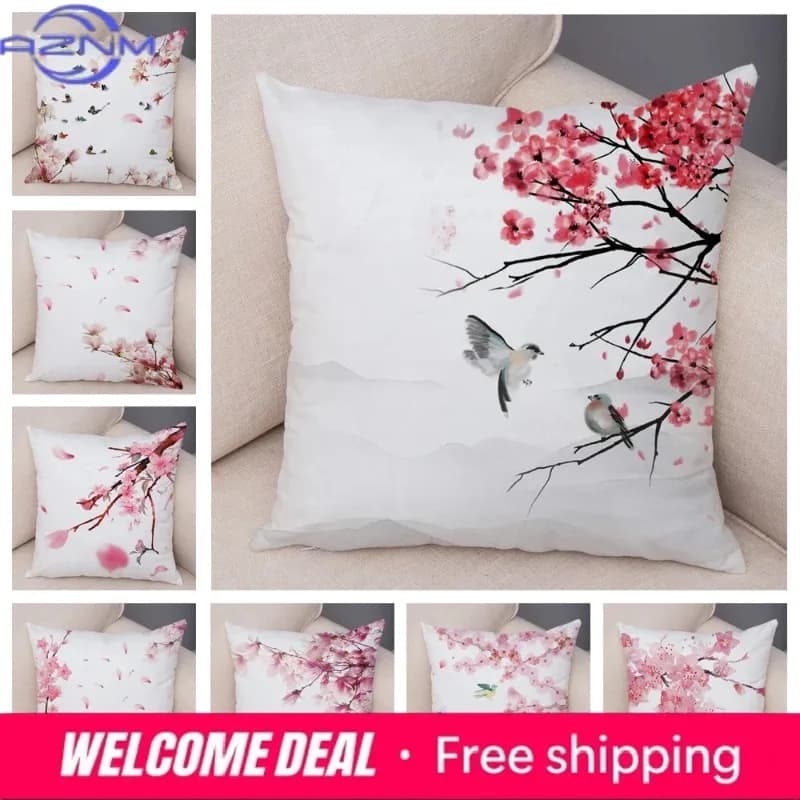 Fodera per cuscino decorativa con fiori di pesco rosa, motivo cartone animato ad acquerello, per divano, casa, auto, morbida in peluche, 45x45cm