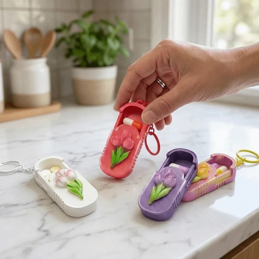 Fashion Tulip Pattern Portable Pill Case Waterproof Convenient Mini Pill Box Dispenser Compact Pill Storage Container Outdoor