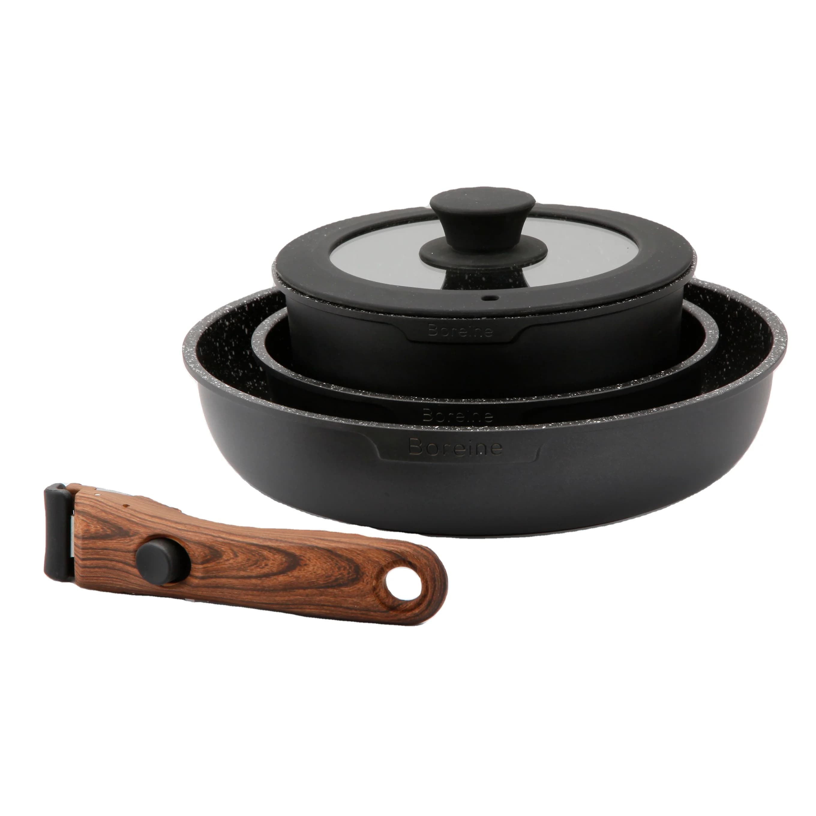 Set di Pentole in Alluminio Antiaderente Nero a 5 Pezzi con Manico Rimovibile, Ideale per Esterni