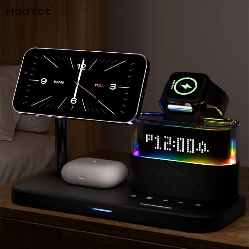 Nuovo Caricatore Wireless 5 in 1 con Sveglia, Luce Notturna RGB e Stazione di Ricarica Rapida per iPhone 16 15 14 13 12, Apple Watch e Airpods