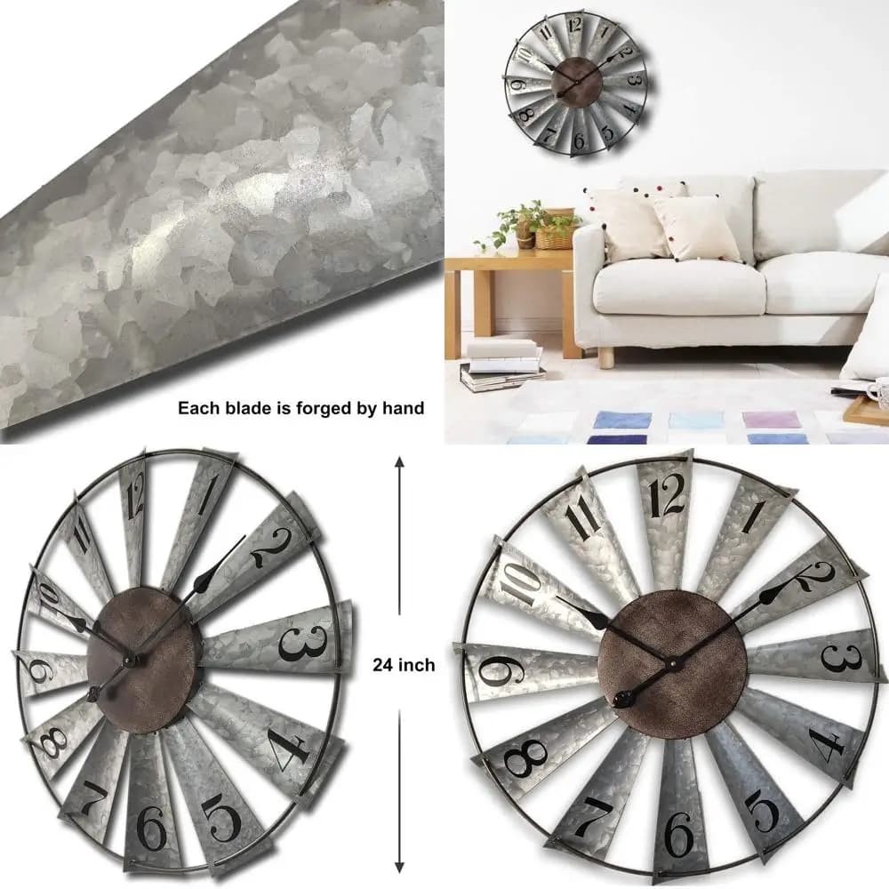 Vintage Metal Wind Mill Shape Rustic Wall Clock - 24 Inches, Decoration Farm Style, Silent, Battery