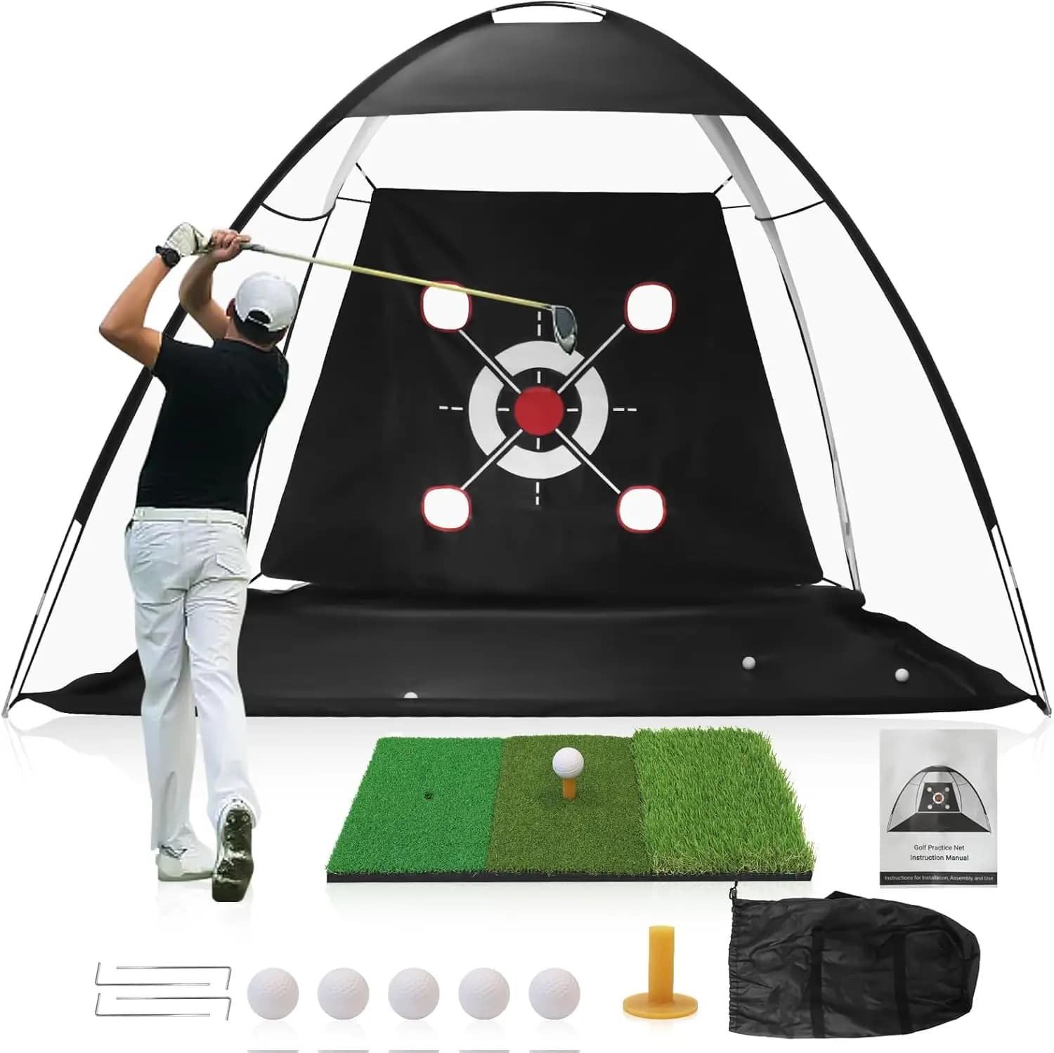Rete da golf da 10x7 piedi con tappetino da allenamento per la guida in cortile e l'allenamento dell'oscillazione include tessuto bersaglio e palline da golf