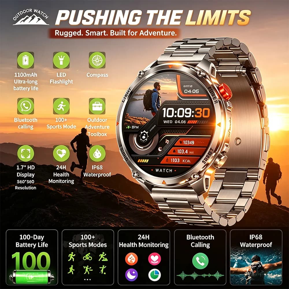 New 1100mAh Battery Outdoor Smart Watch 1.7-inch HD Display Sports Mode Lighting Flashlight IP68 Waterproof Smart Watch Men