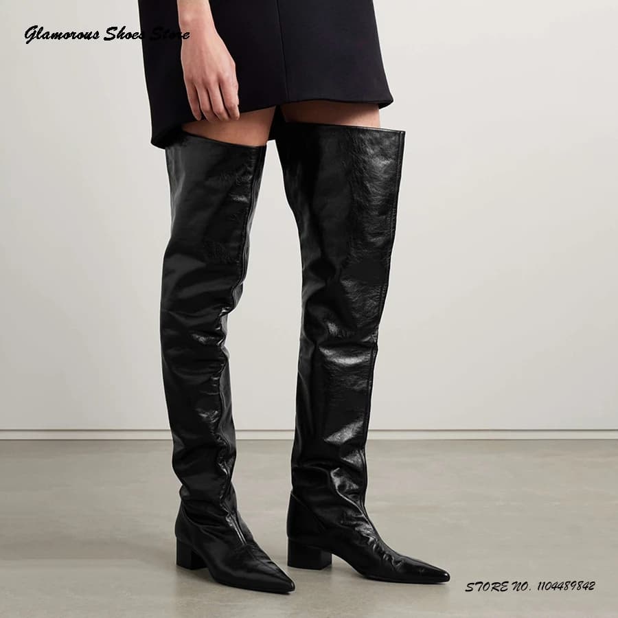 Stivali sopra il ginocchio in pelle increspata Scarpe da passerella da donna primavera autunno Stivaletti alla coscia con tacco grosso e punta a punta