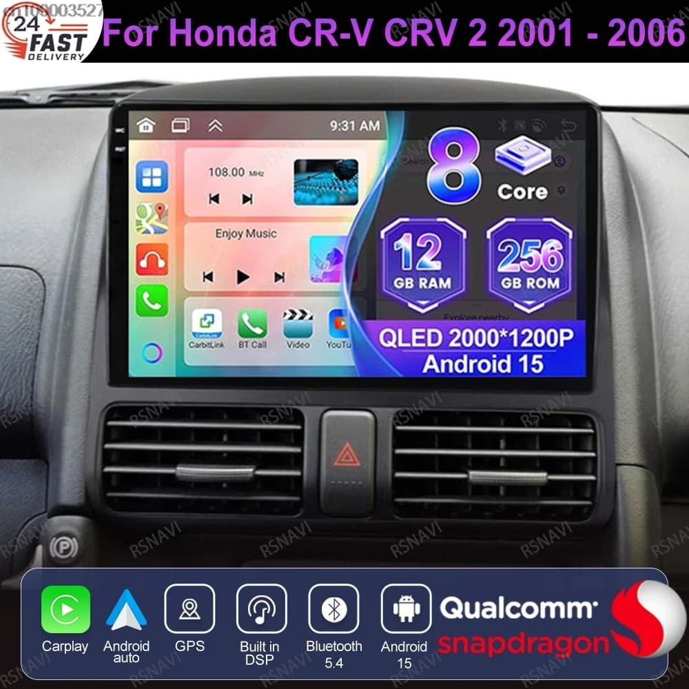 Android 15 For Honda CR-V CRV 2 2001 - 2006 Wireless Carplay Auto Viedo Player Head Unit BT 4G LTE Multimedia Qualcomm 5G WIFI