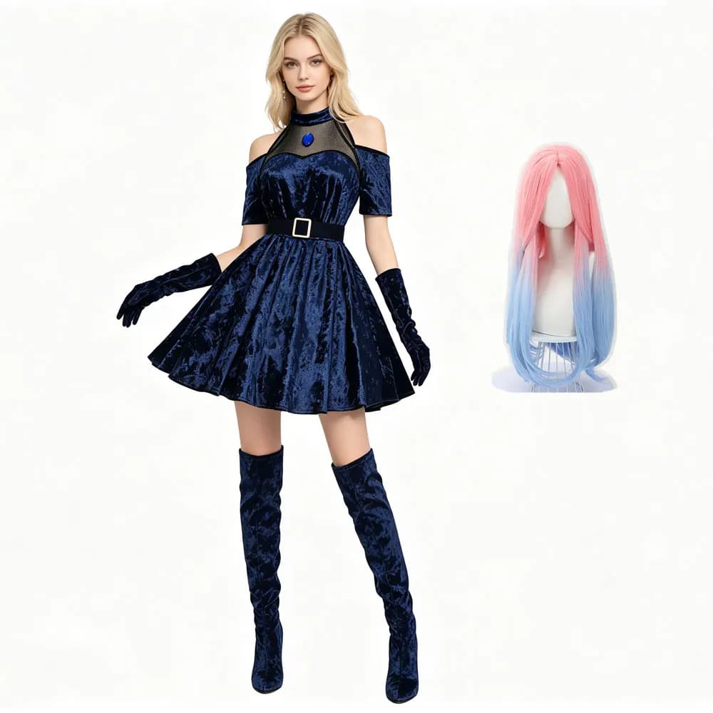 Mizi Cosplay Anime Alien Stage Costume Wig Dark Blue Dress Pink Blue Long Hair Gloves Belt Set Uniform for Halloween Christmas