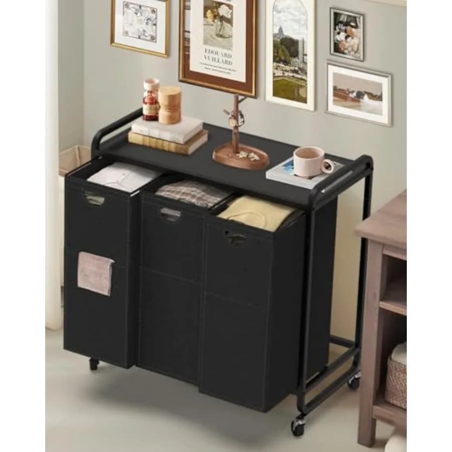 Cesto Portabiancheria a 3 Scomparti con Ruote, 3x15.8 Gal (60L), Organizzatore da Scrivania in Legno con Sacchi Estraibili Rimovibili