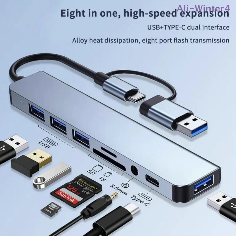 diWinter4 diDocking station HUB USB Type C 8 in 1 with 3.5 mm audio jack adapter and Micro TF SD card reader for laptop, tablet and phones