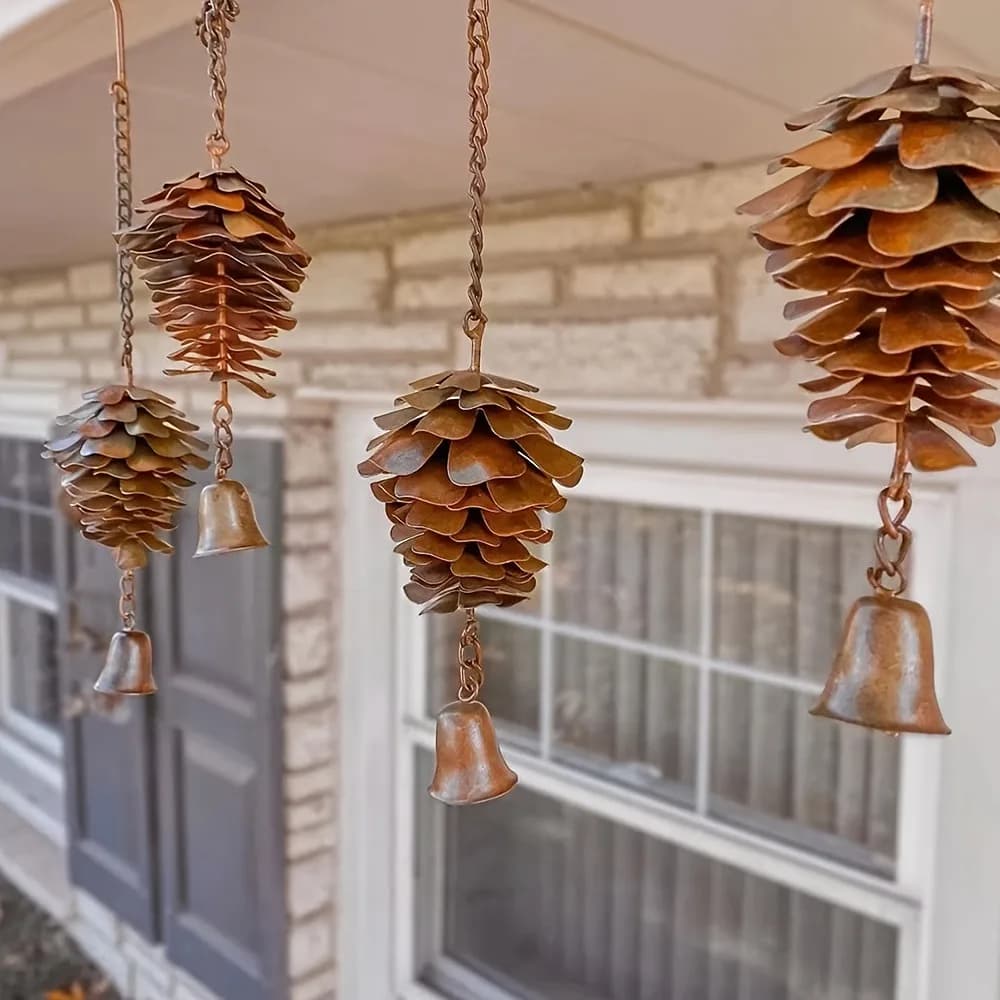 Metal Pine Cone Wind Chime Rustic Copper Hanging Bell Outdoor Garden Yard Decor Weatherproof Patio Porch Backyard Wall Ornament
