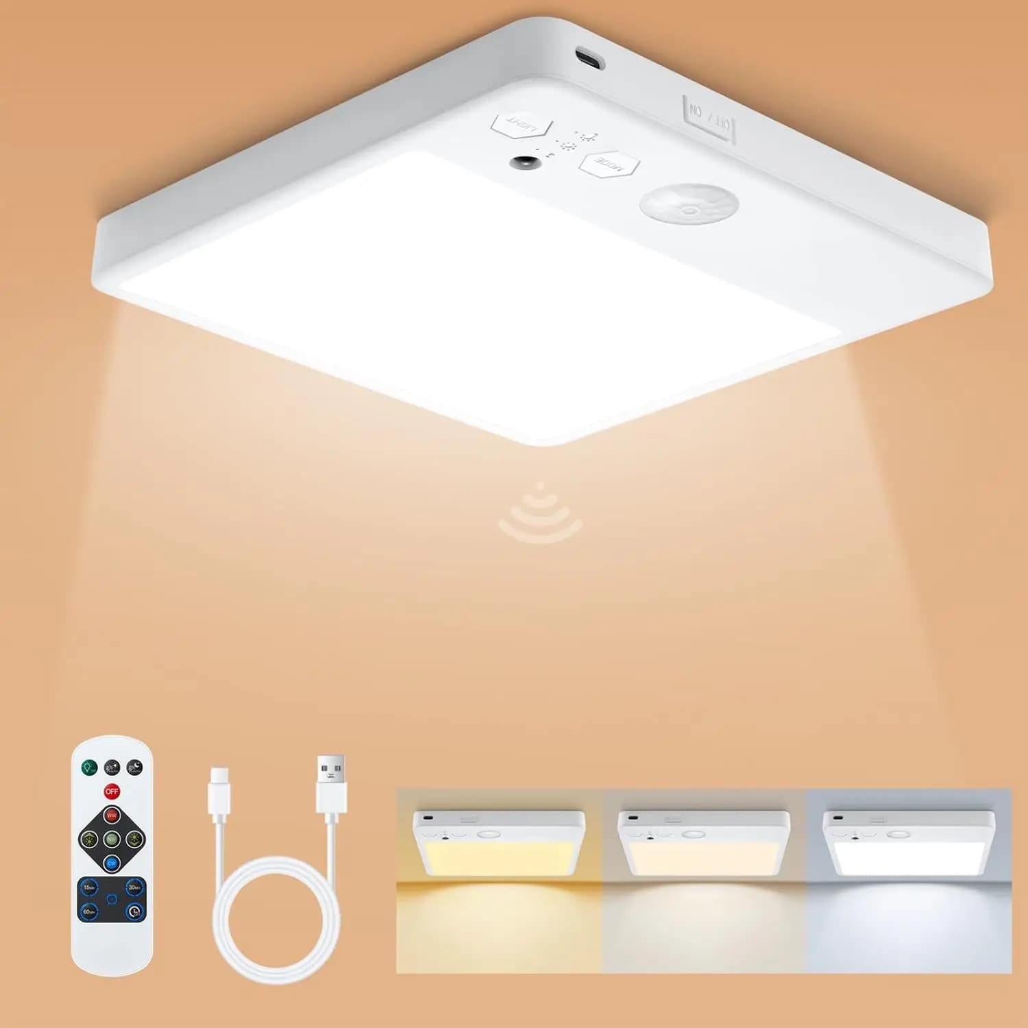 LED Square Motion Sensor Ceiling Light, 20CM 4000mah Rechargeable Battery Daynight Mode, Ideal for Entryways, Stairs, Corridors,