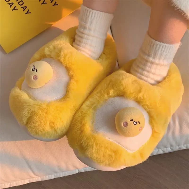 New cute women's fried egg shape plush slippers new inner shoes lined with sunny fleece women's slippers slip-on