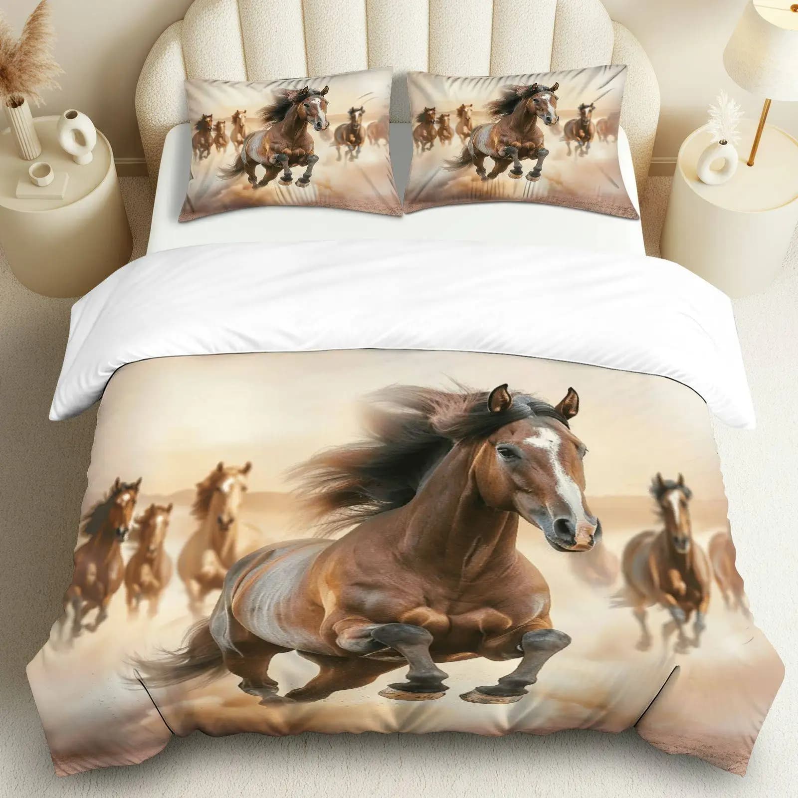 Copripiumino 3 pezzi, 1 piumino + 2 federe (senza imbottitura), motivo cavallo, adatto per decorare camera da letto e soggiorno.