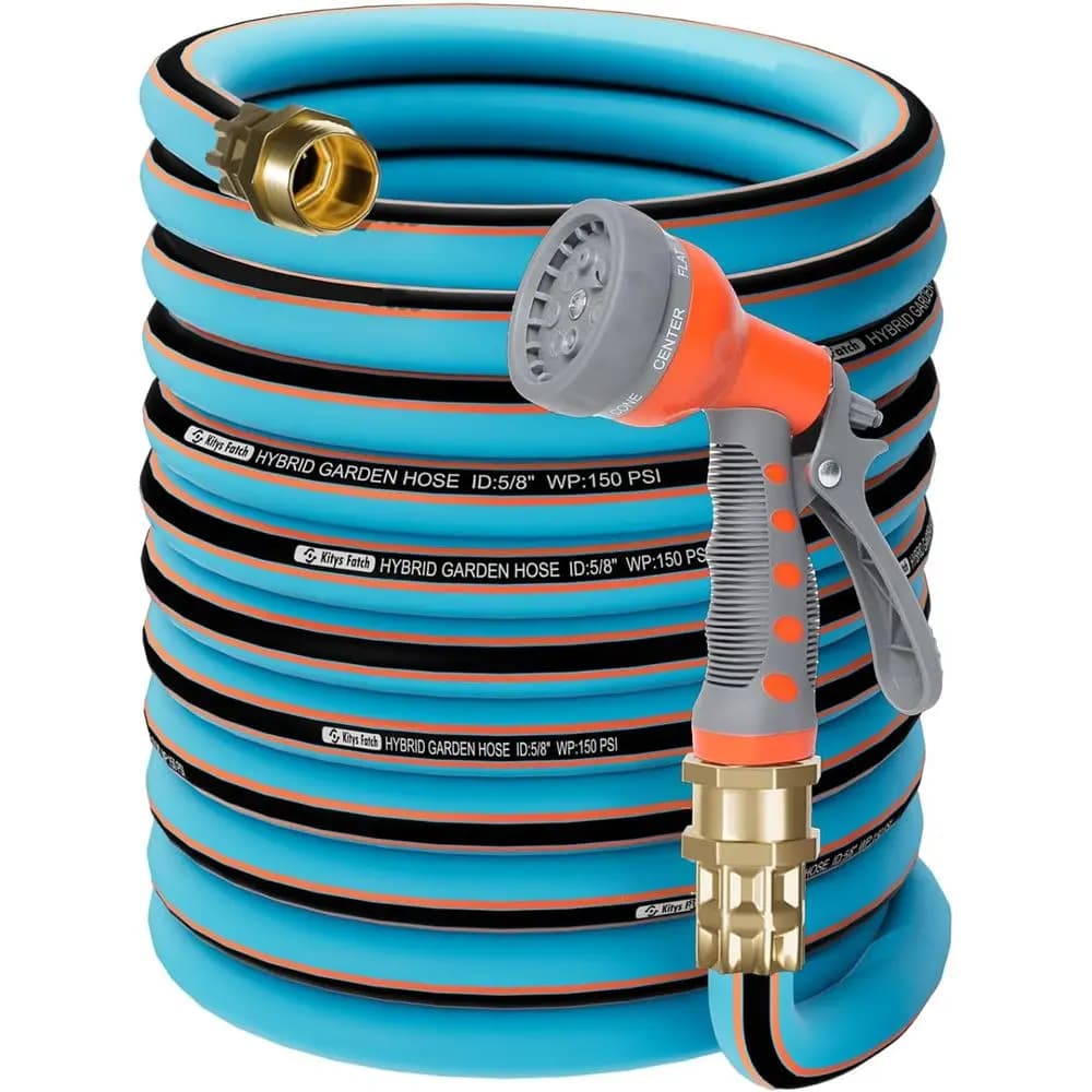 Kink Free Hybrid Garden Tube updated 75 feet 5/8", water tube thickened with solid brass connector, light and flexible