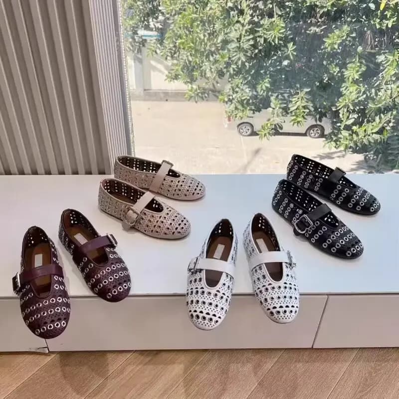 Scarpe da Ballerina Originali di Marca Designer, Scarpe Basse a Rete, Scarpe Mary Jane, Scarpe Singole Traforate con Rivetti