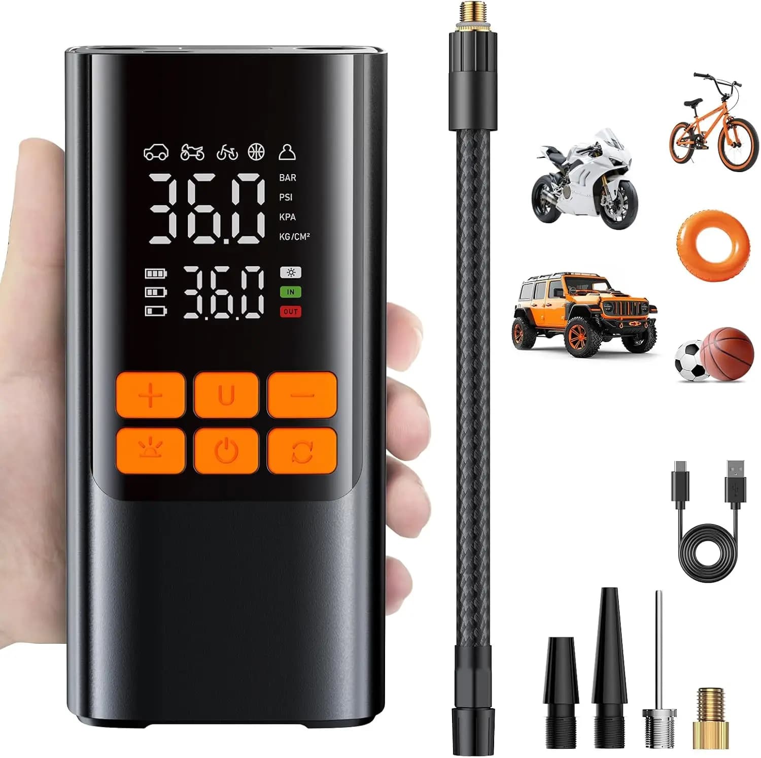 Pompa d'Aria Portatile Senza Fili, Gonfiatore Rapido 150PSI con Manometro per Auto, Bici, Moto e Palloni