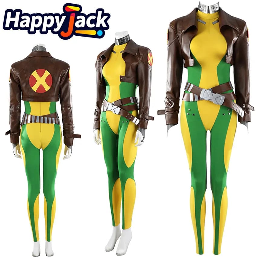 Costume da Cosplay di Rogue, Tuta per Gioco di Ruolo, Set con Cappotto, Cintura, Orecchini, Anello e Guanti per Halloween e Feste in Maschera
