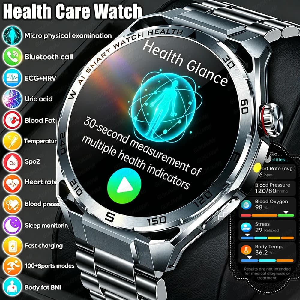 Smartwatch 2026 per la Salute con ECG+PPG, Analisi BMI, Acido Urico, Lipidi nel Sangue, Pressione Sanguigna, Chiamate BT, Display AMOLED per Uomini e Donne