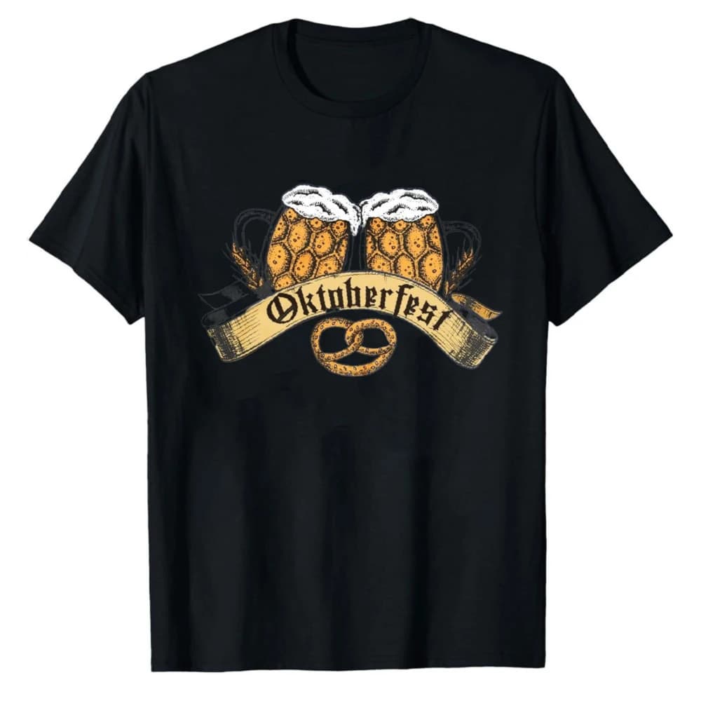 Vintage Oktoberfest Beer Mug Pretzel Graphic T‑Shirt Men Women Retro Ribbon Wheat Element Print Casual Short Sleeve Cotton Tops