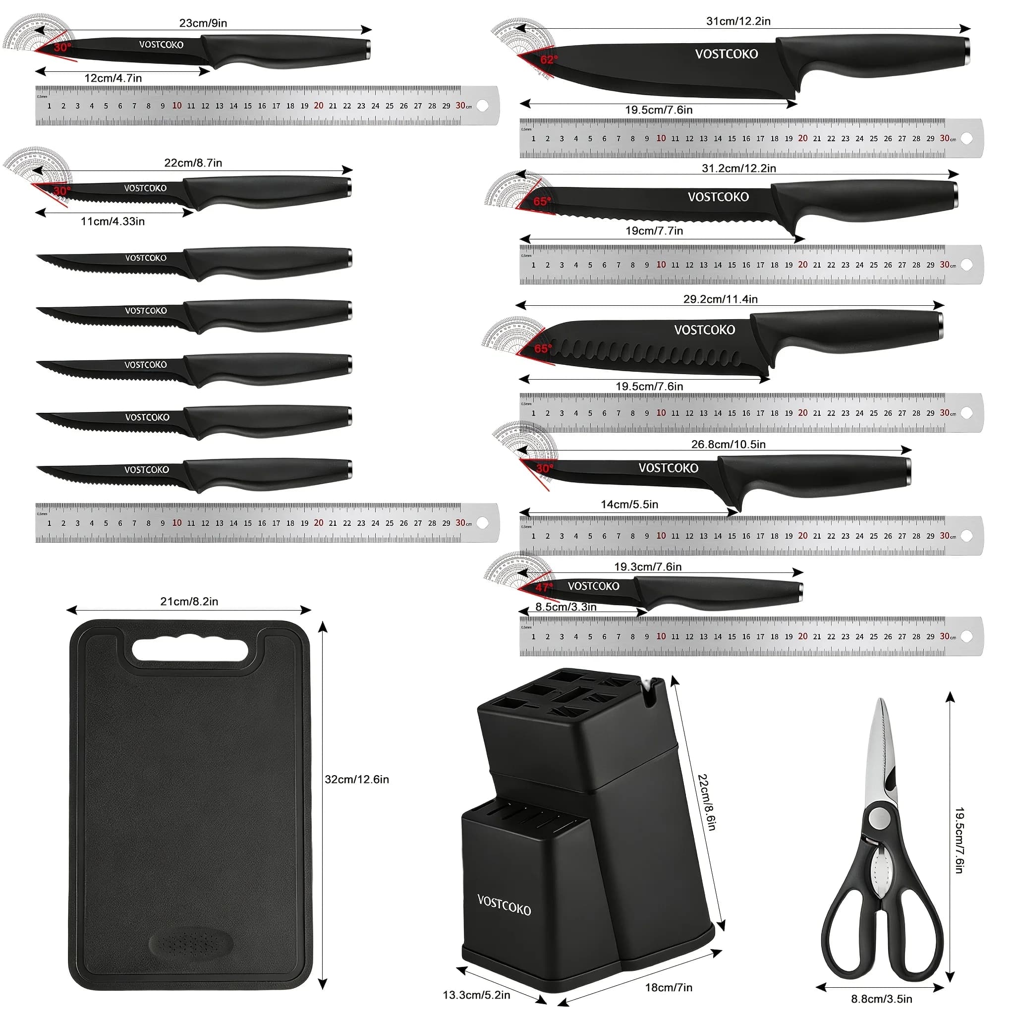 15pcs Professional Black Kitchen Knife Set, Including A Cutting Board, Chef's Knife with Non-slip ABS Handle, Plastic Cutting Board And Kitchen Scissors. Ideal for Home And Restaurant Use. A Perfect Gift for Thanksgiving, Christmas And New Year