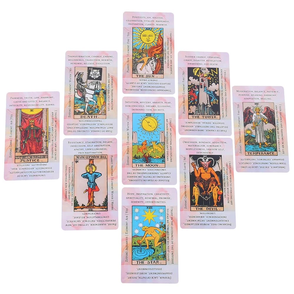 Mazzo di tarocchi con significato da 12 * 7 cm in confezione regalo rigida scorrevole Carte dei tarocchi da 78 pezzi con parole chiave su loro, guida e custodia con coulisse