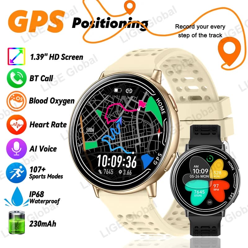 LIGE Nuovo GPS Sport Track Astuto Della Vigilanza Delle Donne 1.39 "HD Frequenza Cardiaca Ossigeno Nel Sangue Chiamata Bluetooth IP68 Impermeabile Uomini Smartwatch 2026