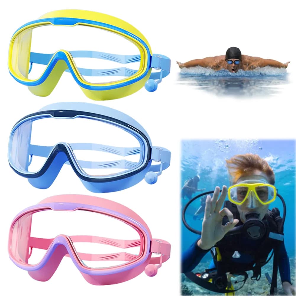 Occhialini da Nuoto per Bambini HD, Occhiali da Nuoto Impermeabili con Protezione UV e Tappi per le Orecchie, Montatura Grande per Immersioni e Snorkeling