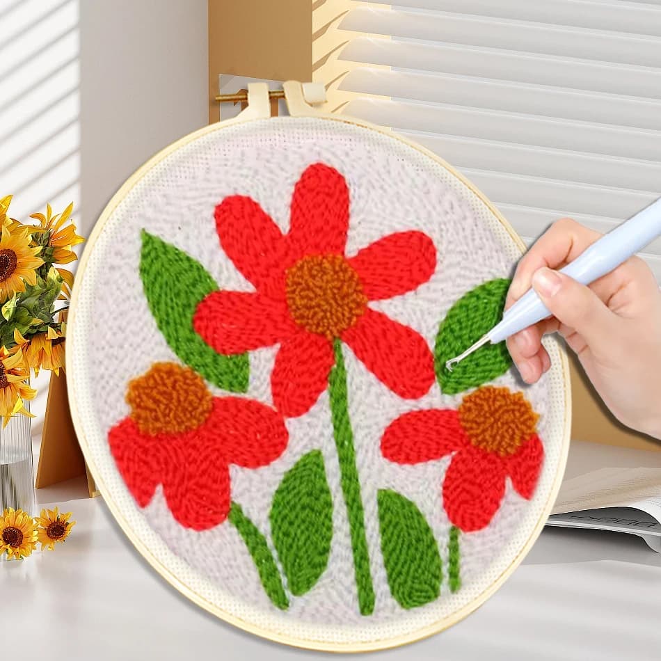 CHENISTORY DIY Punch Needle Kit Flowers with Embroidery Hoops, Yarn, Needle and Instructions for Beginners Adults Home Wall Deco