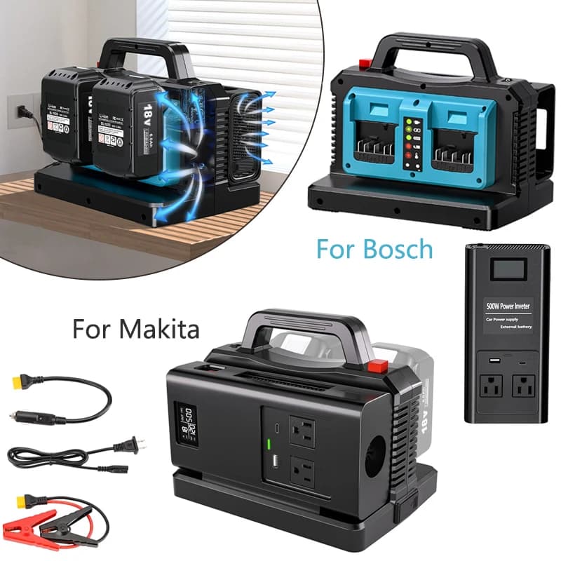 NUOVO Inverter di Potenza per Batterie Makita/Bosch 18V, 500W Onda Sinusoidale Pura, Caricatore Auto a 2 Porte, Adattatore Inverter per Campeggio e Viaggi