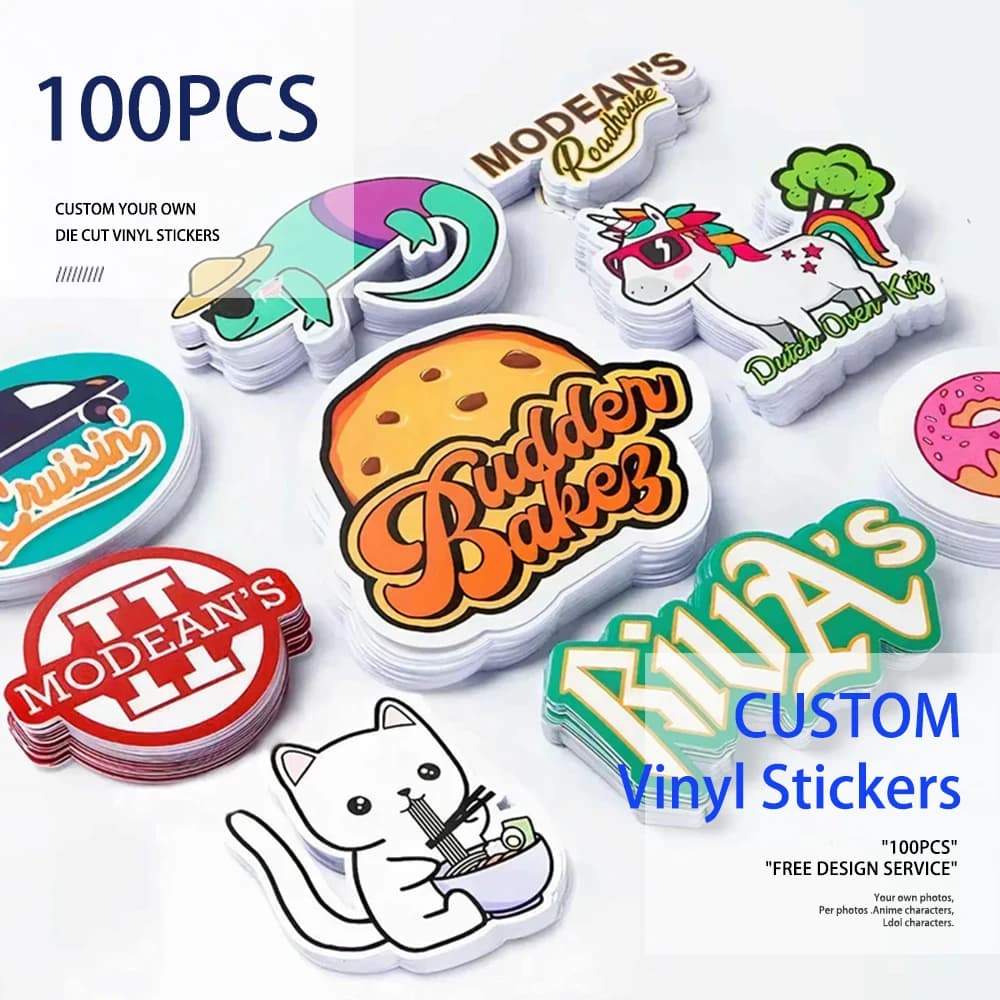 100 adesivi personalizzati in PVC impermeabile fustellato vinile logo design laptop di marca adesivo personalizzato carino pellicola lucida per affari