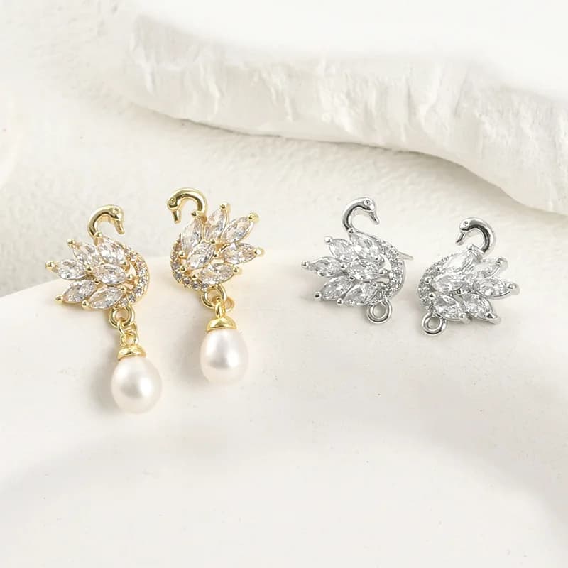 Accessori per Orecchini Fai-da-Te in Oro 14k Placcato, Cigno con Zirconi e Perle, Resistenti allo Scolorimento