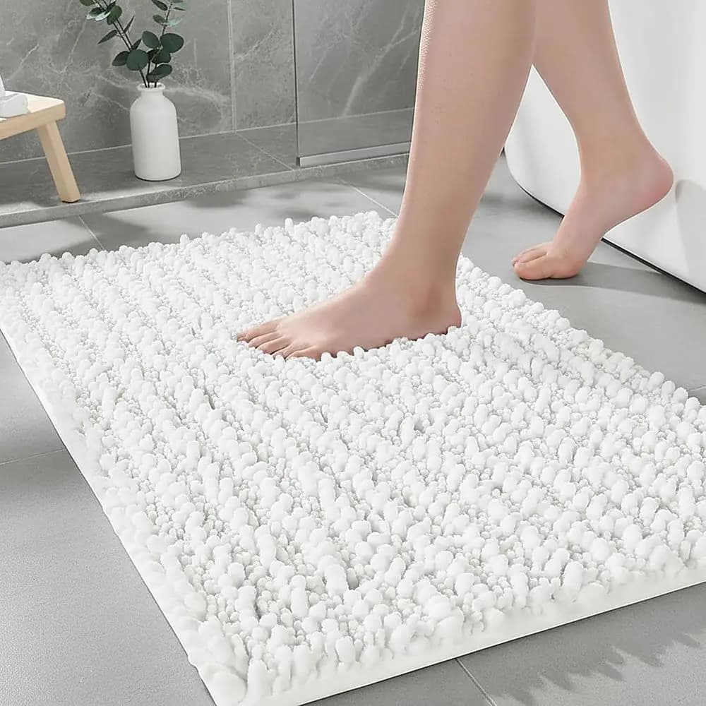 Tappetino da Bagno in Ciniglia Extra Spesso, Antiscivolo, ad Asciugatura Rapida, Assorbente, 32x20 Pollici, Bianco