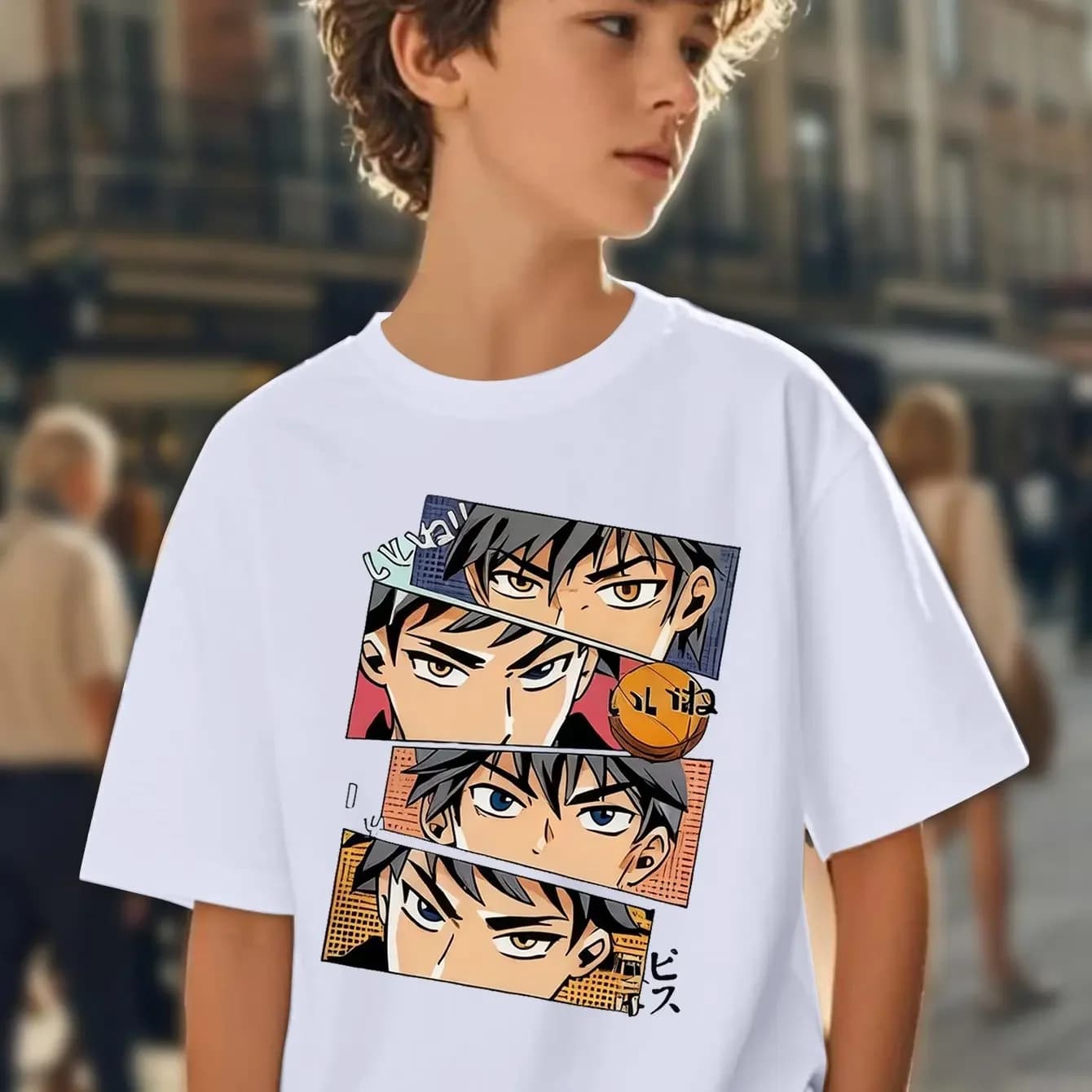 T-shirt Anime da pallavolo per bambini con pannello comico e stampa occhi, in puro cotone, adatta per l'uso quotidiano e la scuola