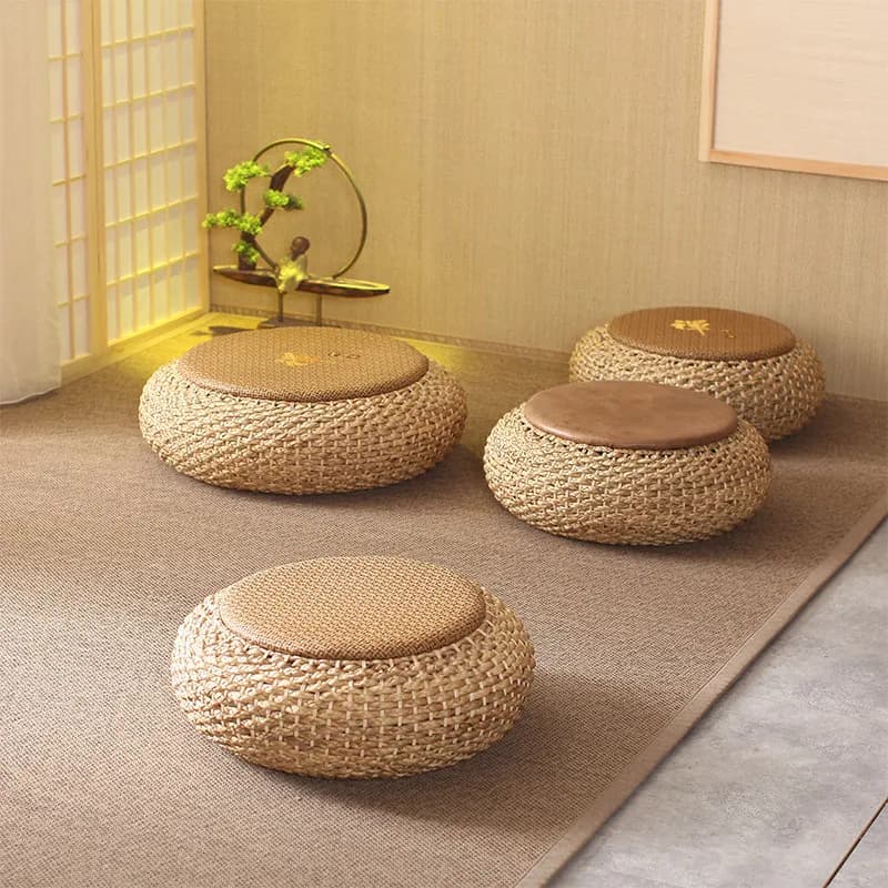 Handwoven Rattan Round Floor Cushion,Meditation Yoga Zafu Pillow Tatami Seat,Natural Boho Style Pouf Ottoman for Zen Living Room
