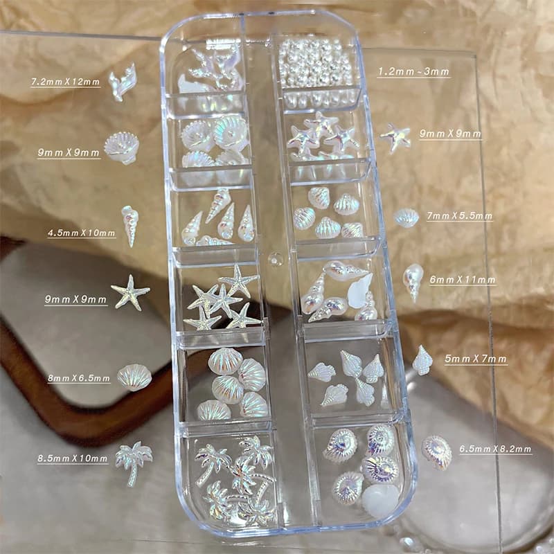 Offerta Speciale: Decorazioni per Unghie 3D con Stelle Marine e Conchiglie, 12 Scomparti/Scatola, Accessori DIY con Strass per Unghie Effetto Aurora e Palma