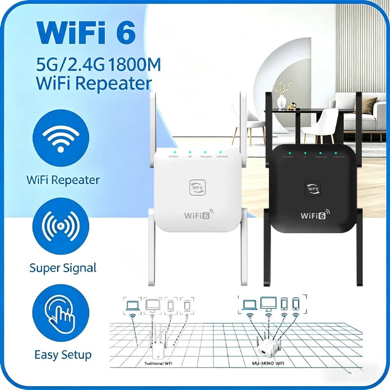 PIX-LINK Ripetitore WiFi 6 AX1800 1800Mbps Dual Band 5GHz/2.4GHz, Estensore WiFi con 4 Antenne, Amplificatore di Segnale, Modalità Ripetitore/AP per Casa