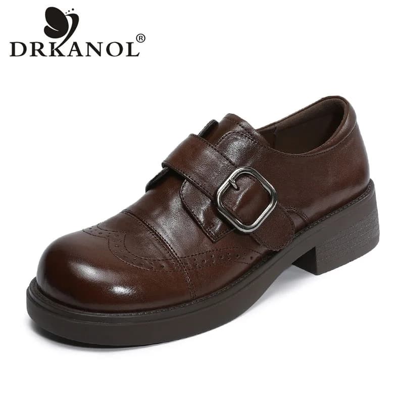DRKANOL British Style Women Shoes Spring Autumn Genuine Leather Luxury Design Carved Brock Med Thick Heel Single Shoes Woman