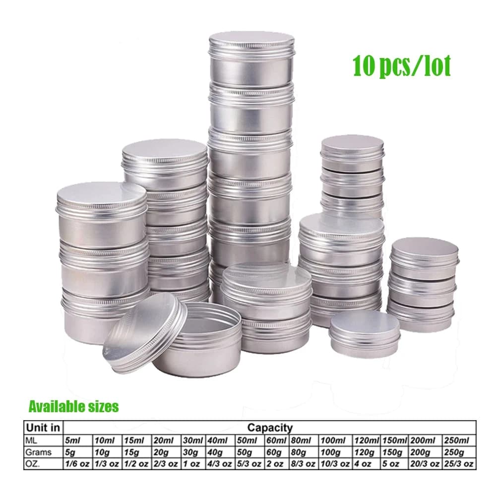10 pieces aluminum tin metal container 5g 10g 15g 20g 50g 60g 100g cosmetic face cream for eyes empty packing can lip balm candle jar