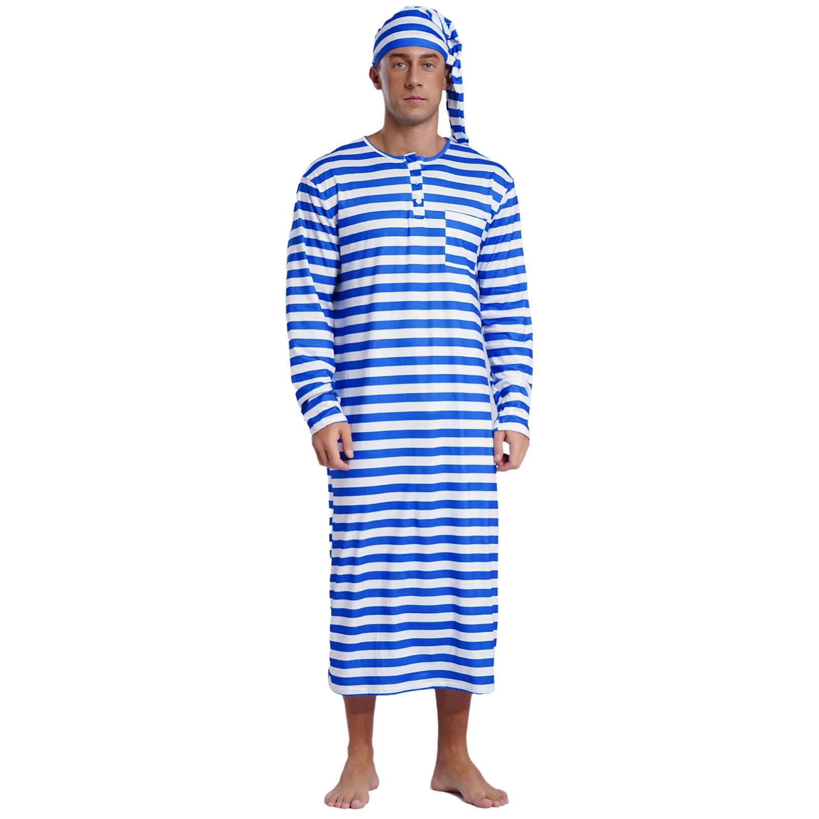 Men's Striped Night Shirt Dress Set Night Dresses Long Sleeved Long Sleeved Long Sleeved Long Sleeved Long Sleeved Long Sleeved Shirt with Night Cap Christmas Nightwear
