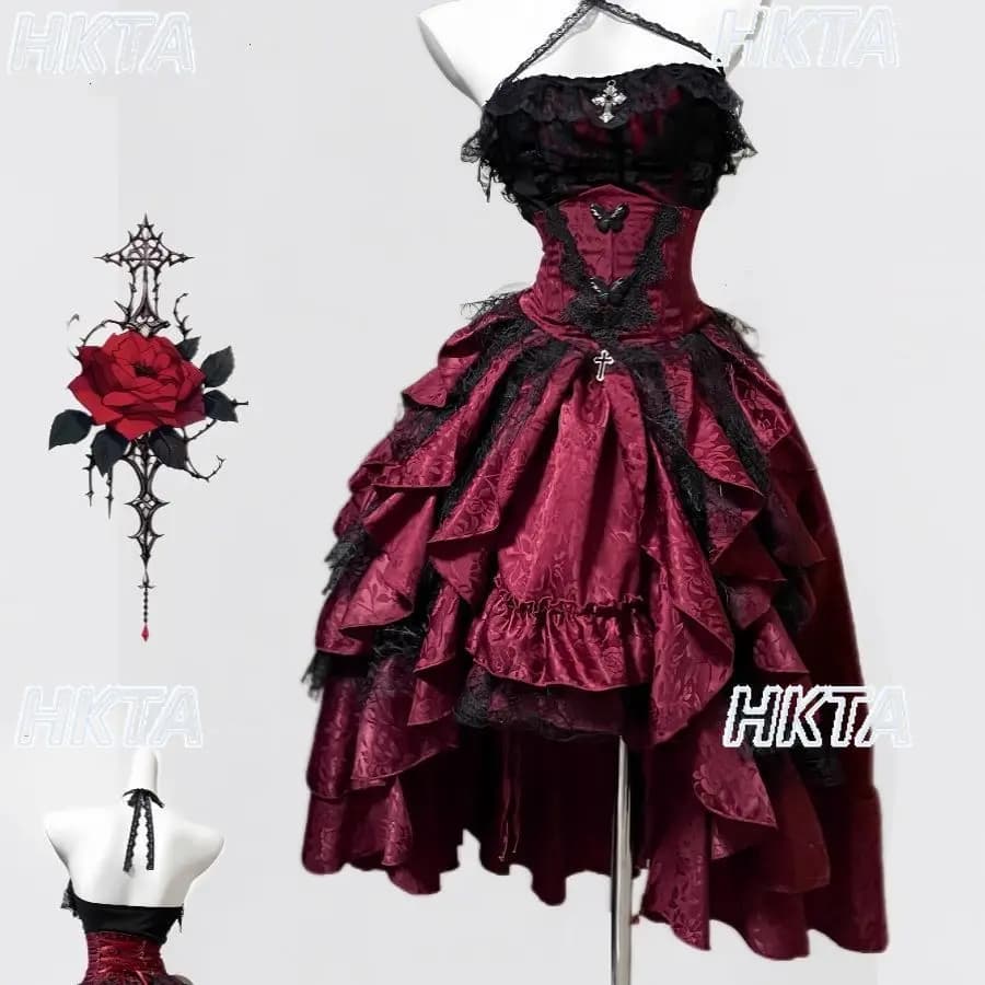 Set Gilet Senza Maniche e Gonna Lunga in Stile Gotico Scuro con Volant e Pizzo, Elegante e Sexy, per Donne e Ragazze, Stile Lolita Gotica