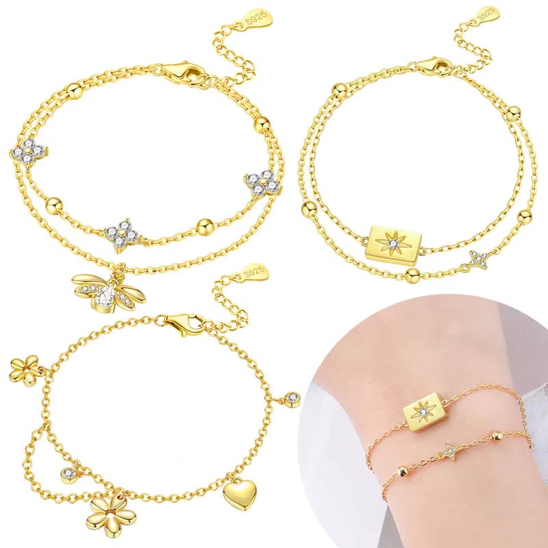 Flower Star Heart Crystal Bead Adjustable Extension Original Silver Plated Jewelry Bracelet Accessory Anniversary Valentine Gift