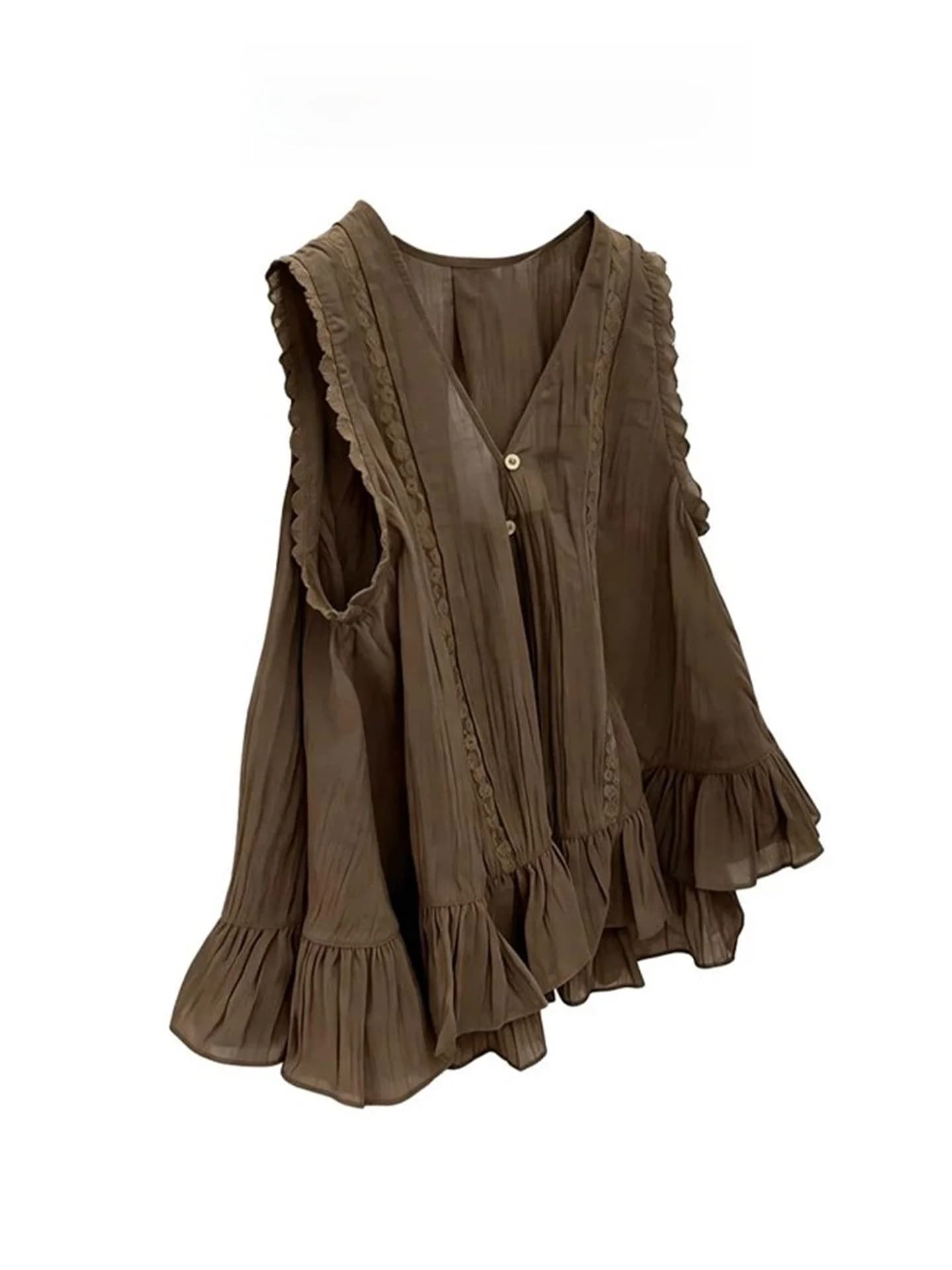 Retro Lace Splice V-Neck Sleeveless Shirt Women's Summer New Elegant Flounce Slimming Top Casual Style Loose Fit Breathable