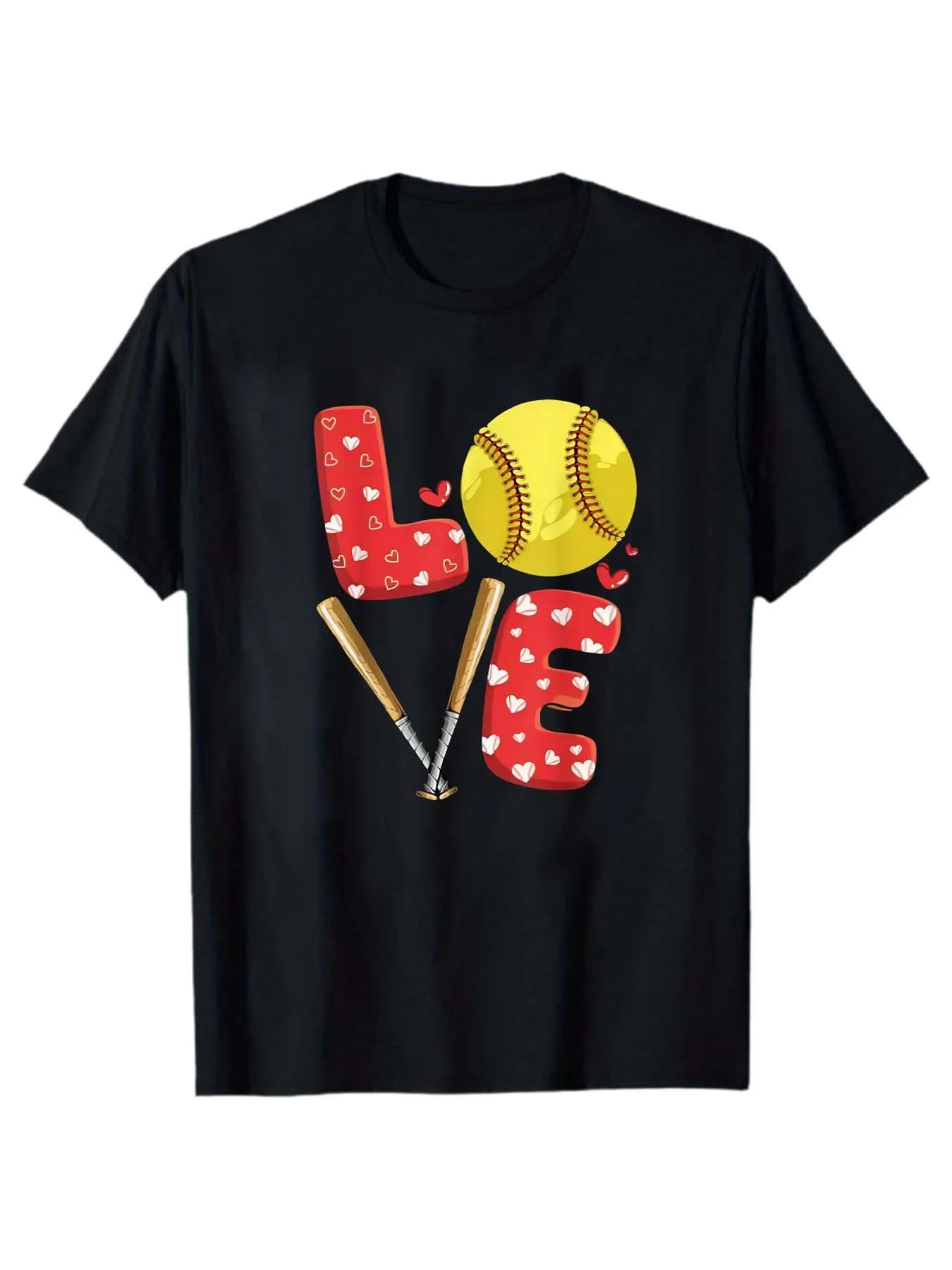 T-shirt with softball print with LOVE letter: baseball bat Heart Element unisex casual short sleeves
