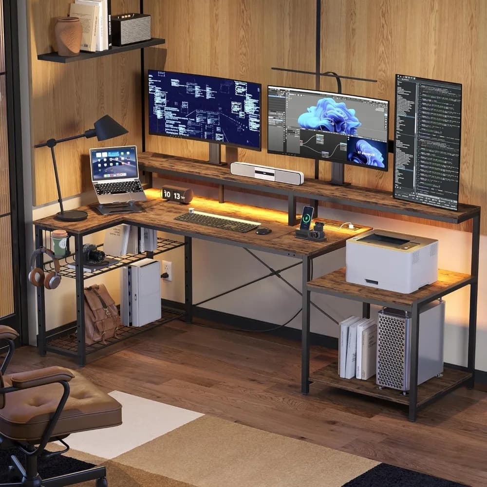 71.5 inch computer desk with power sockets, L-shaped LED office desk with long monitor support, large corner desk with stora