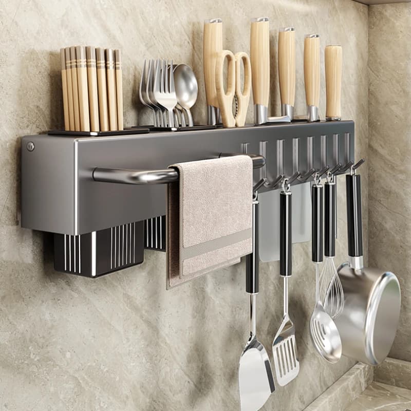 Portacoltelli Multifunzionale da Parete, Porta Utensili da Cucina Senza Foratura, Gabbia Integrata per Bacchette, Organizer Moderno