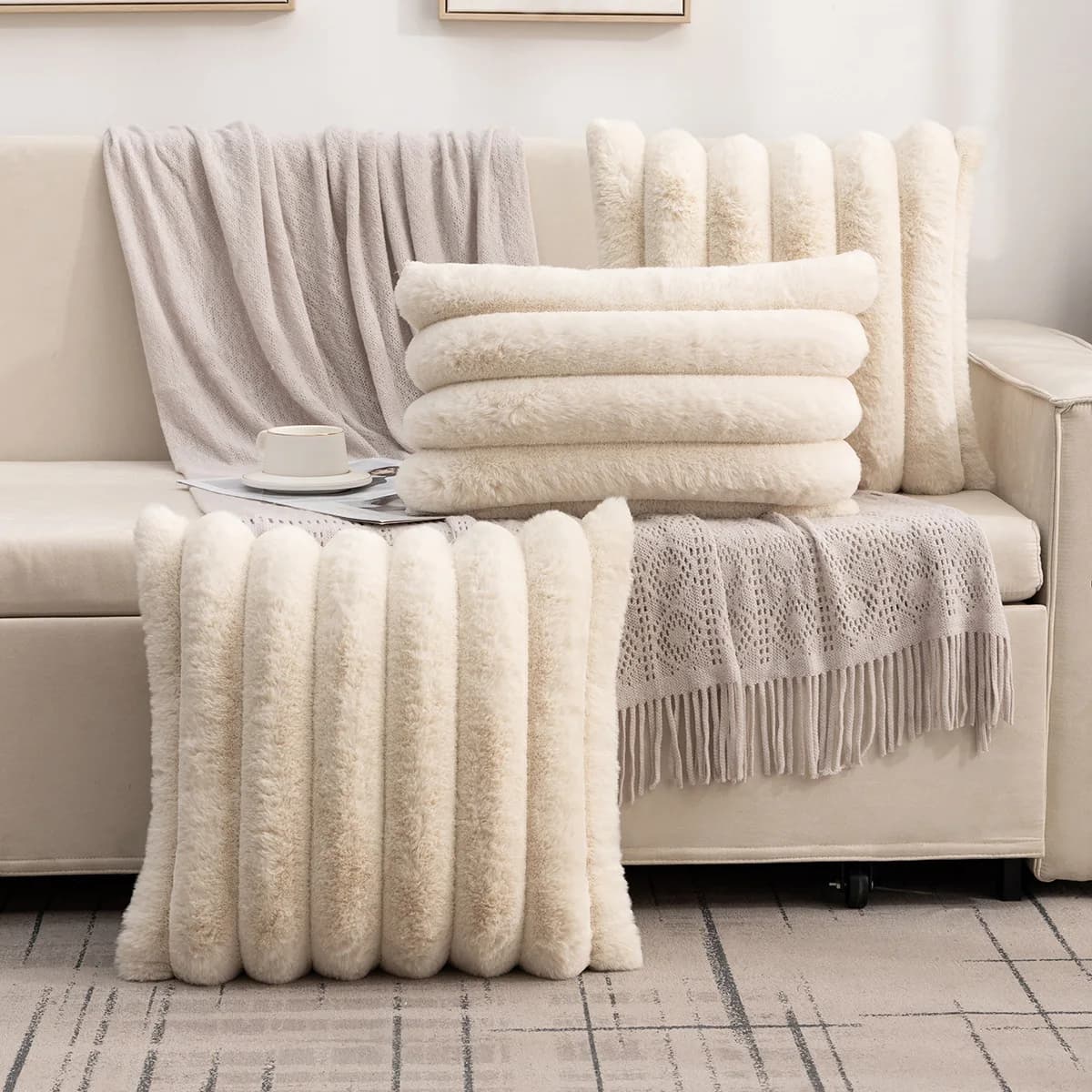 Soft rabbit velvet pillow lining on one side, sofa cushion, waist lining, simple decorative pillow for sleeping soft and warm winter