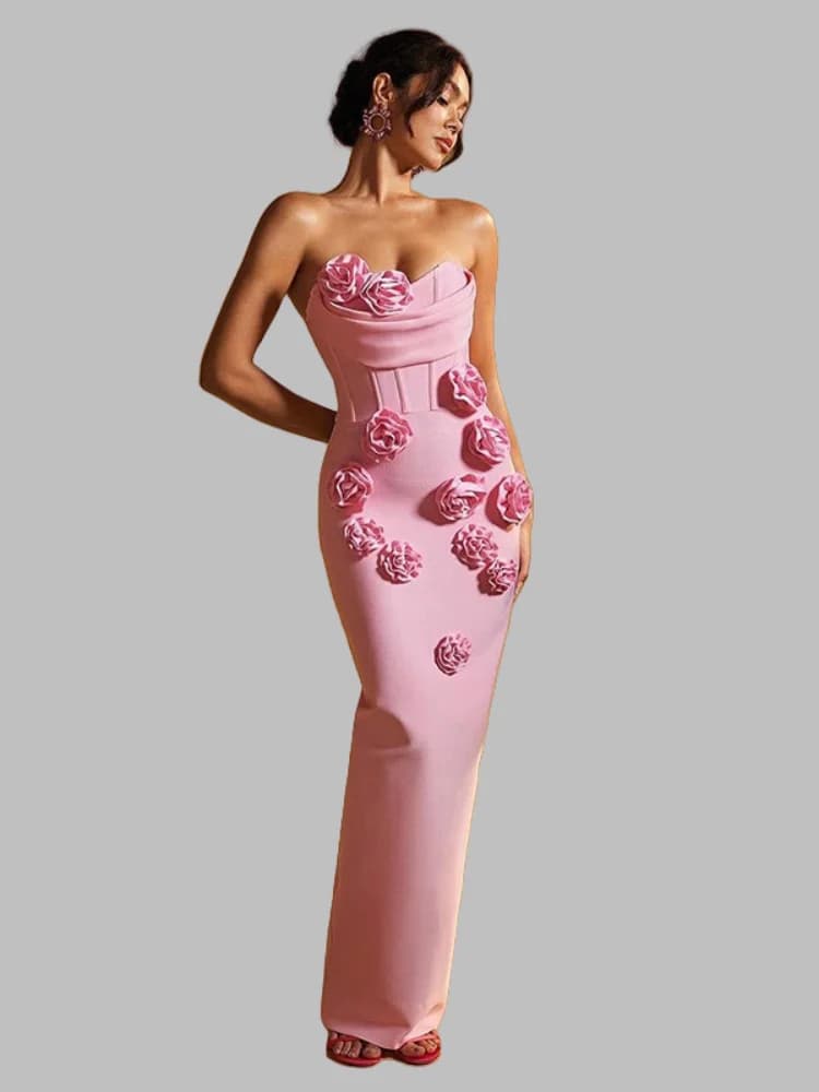 Abito da donna estivo nuovo 2025 Celebrity sexy senza spalline con fiore aderente vestito dalla fasciatura elegante abito da sera lungo bianco da palcoscenico