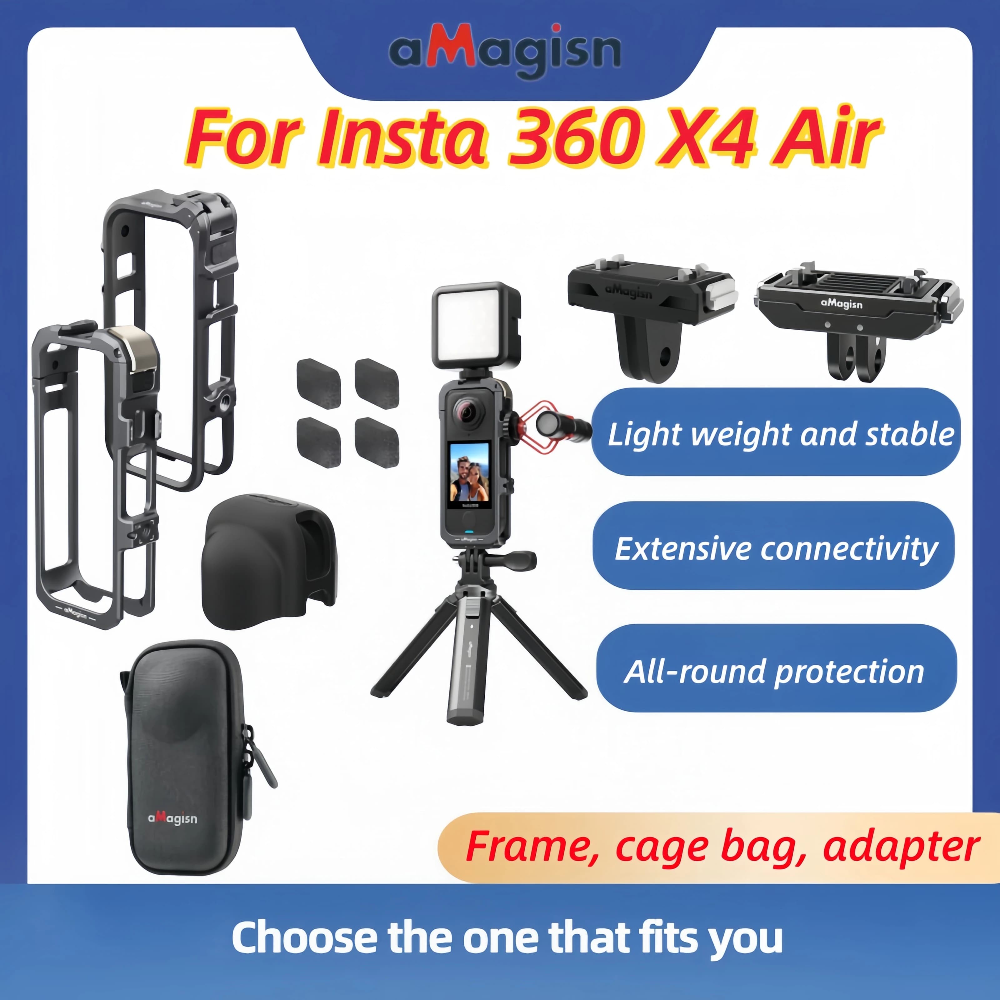 Adattatore aMagisn in lega di alluminio e plastica per gabbia per conigli, compatibile con Insta360 X4 Air Expansion, kit di accessori per fotocamera.